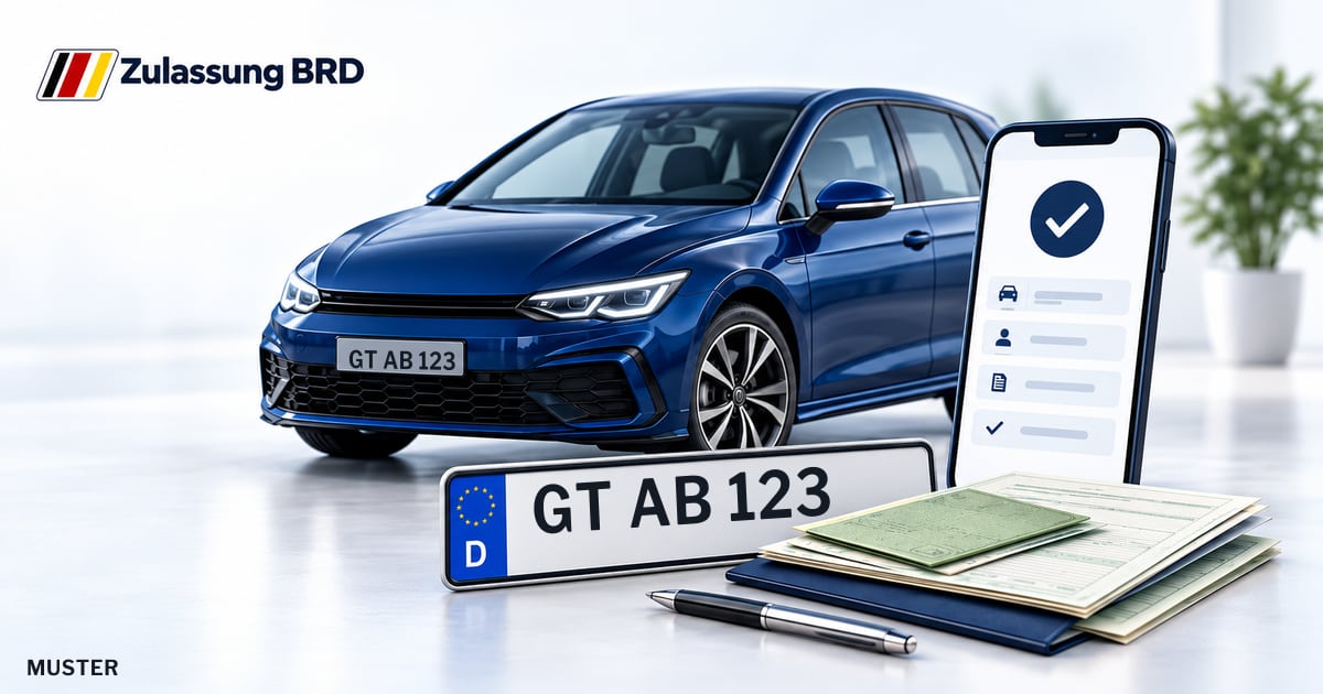 Online Fahrzeugzulassung in Steinhagen: Musterkennzeichen GT AB 123, Auto und Fahrzeugpapiere und Smartphone. Illustration mit Logo von Zulassung BRD.